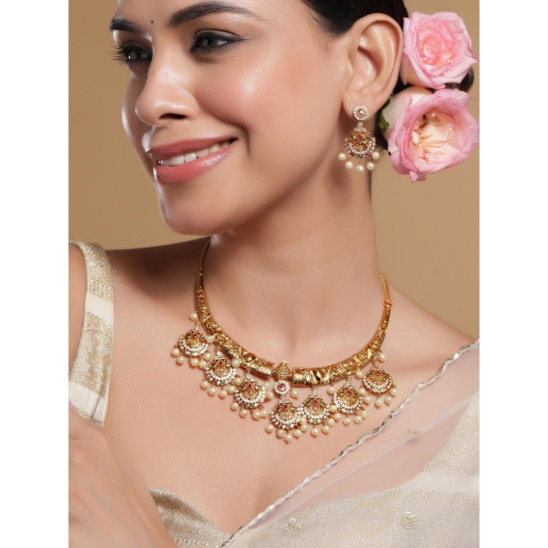 Rubans 22KT Gold-Plated Cubic Zirconia Studded & Pearls Beaded Lakshmi God Jewellery Set