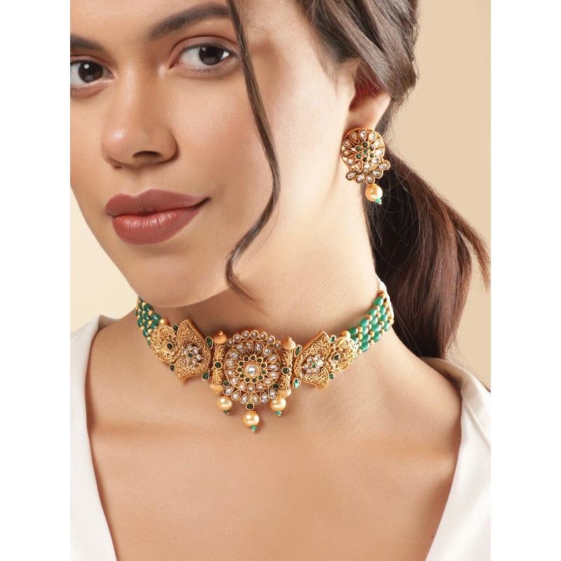 Rubans Gold-Plated Emeral & Kundan Stone-Studded & Pearl Beaded Choker Jewellery Set