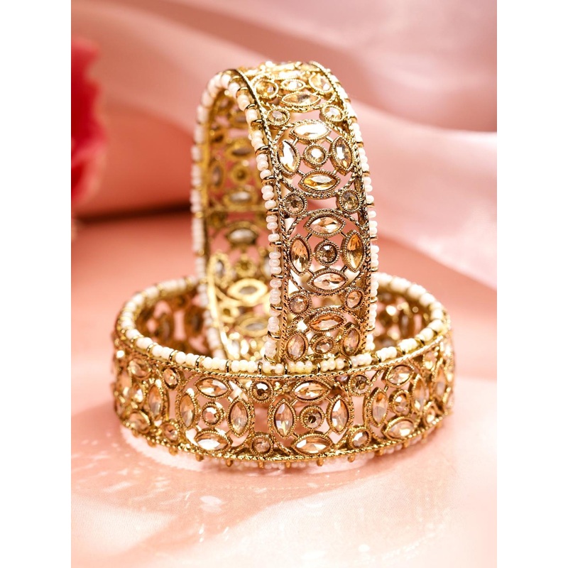 Rubans Set of 2 22K Gold Plated Kundan & CZ Studded & Pearl Beaded Handcrafted Bangles
