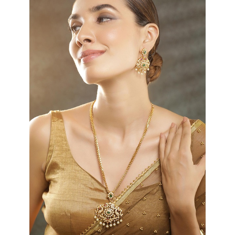 Rubans Women Gold-Plated Green CZ Stone Studded Temple Jewellery Set