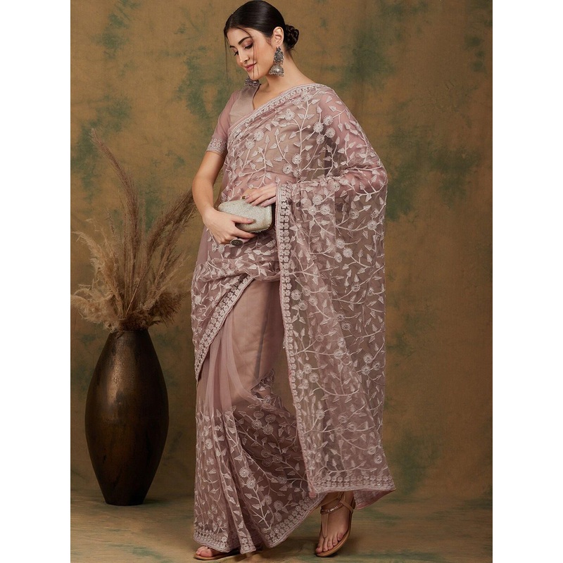 Sangria Floral Embroidered Net Saree