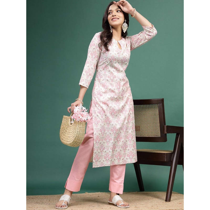 Sangria Floral Printed Cotton Notch Neck Straight Kurta
