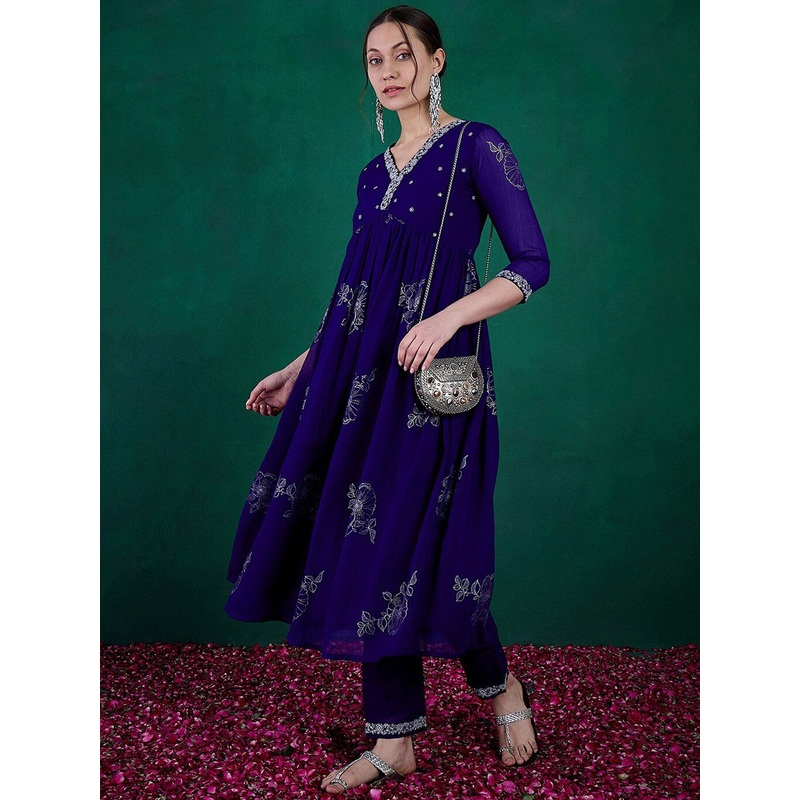 Sangria Floral Printed Embroidered Anarkali Kurta With Trouser