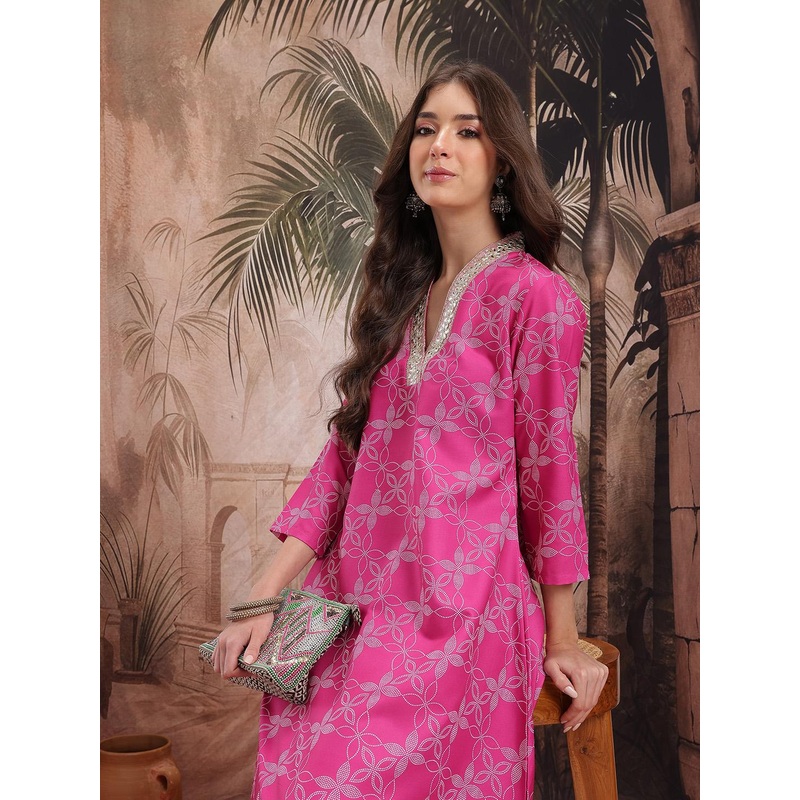 Sangria Floral Printed Gotta Patti Detail V-Neck Festive A-Line Kurta
