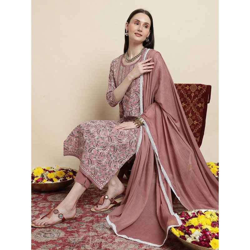 Sangria Floral Printed Pure Cotton Round Neck Kurta With Trousers & Dupatta