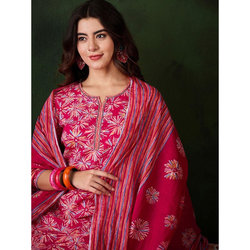 Sangria Floral Printed Sequinned Straight Kurta & Trouser With Dupatta