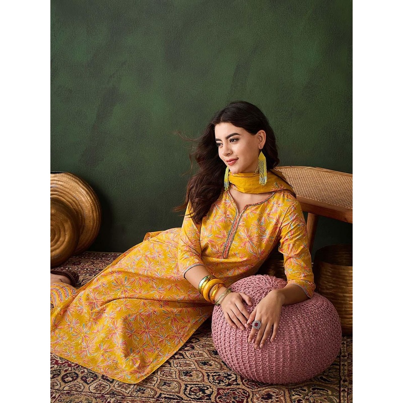 Sangria Floral Printed Sequinned V-Neck Straight Kurta & Trouser With Dupatta