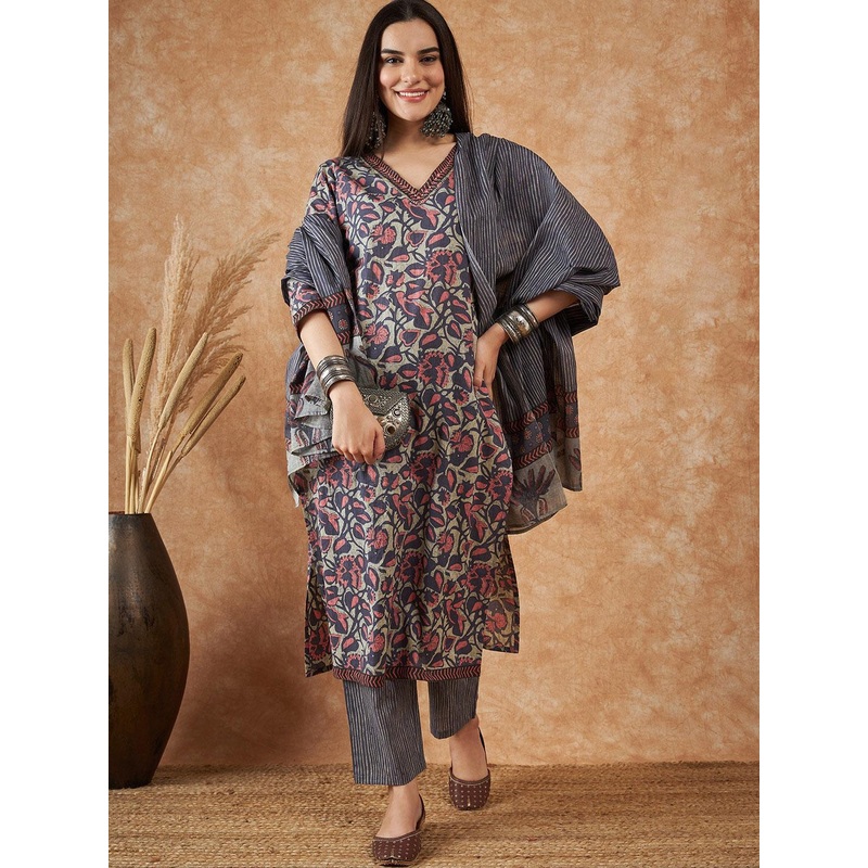 Sangria Floral Printed Straight Kurta With Trousers & Dupatta