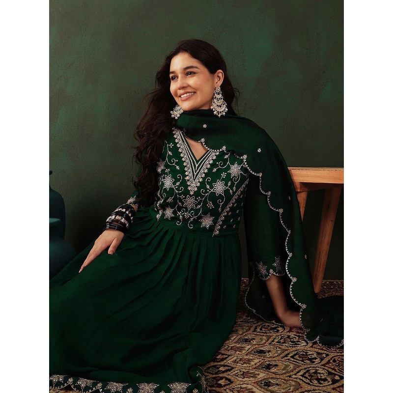 Sangria Green Floral Embroidered V Neck Anarkali Kurta With Trouser & Dupatta