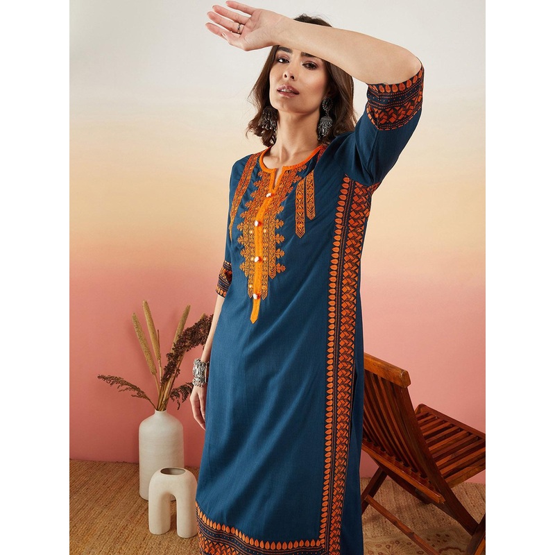 Sangria Navy Blue Ethnic Motifs Embroidered Thread Work Straight Kurta