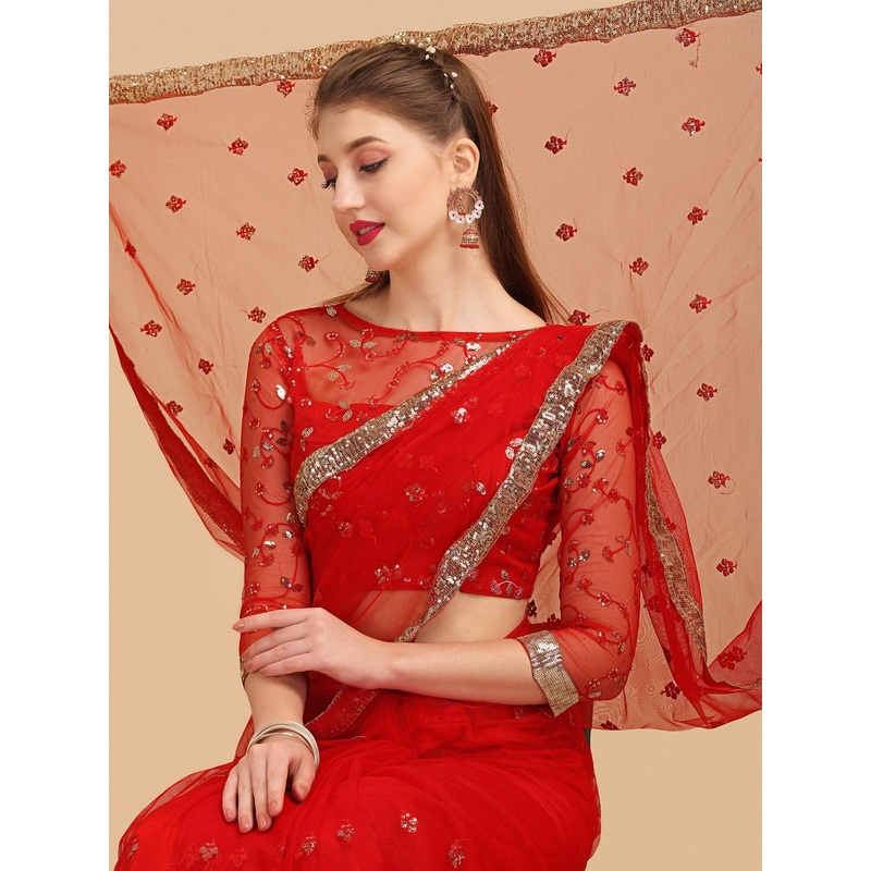 Sangria Red Embellished Net Saree