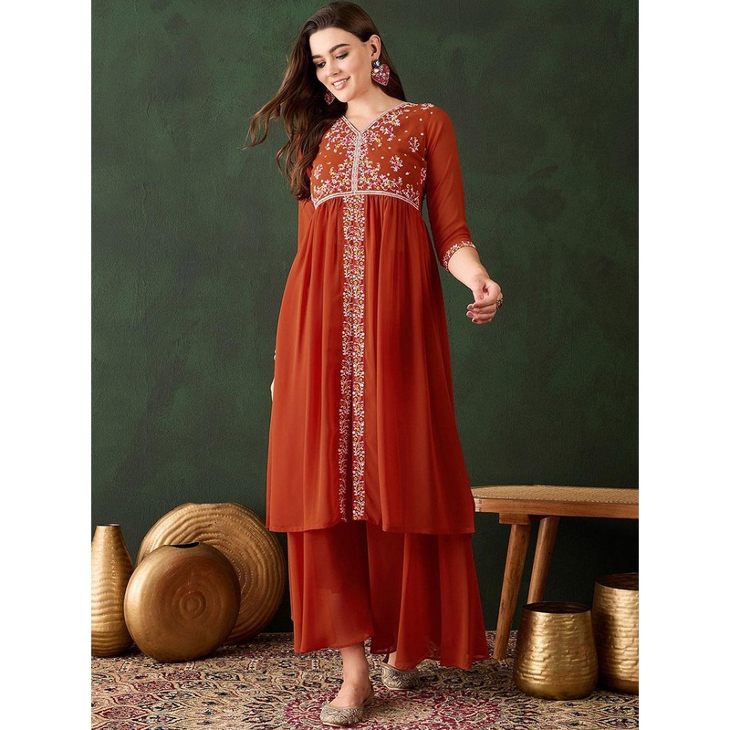 Sangria Women Embroidered A-Line Kurta With Palazzos