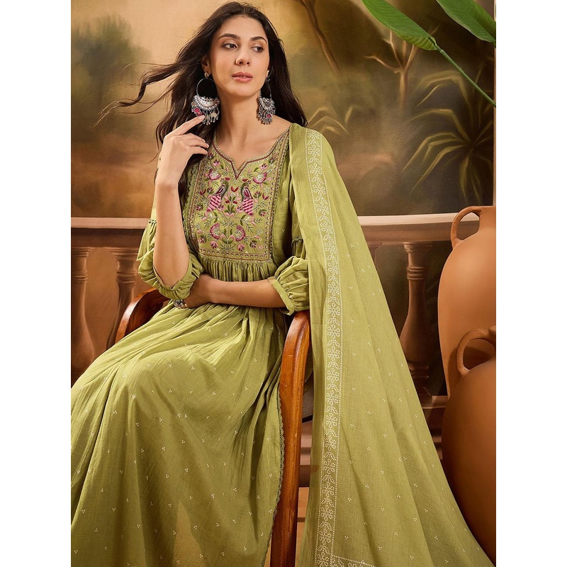 Sangria Women Ethnic Motifs Embroidered Cotton Kurta with Trousers & Dupatta