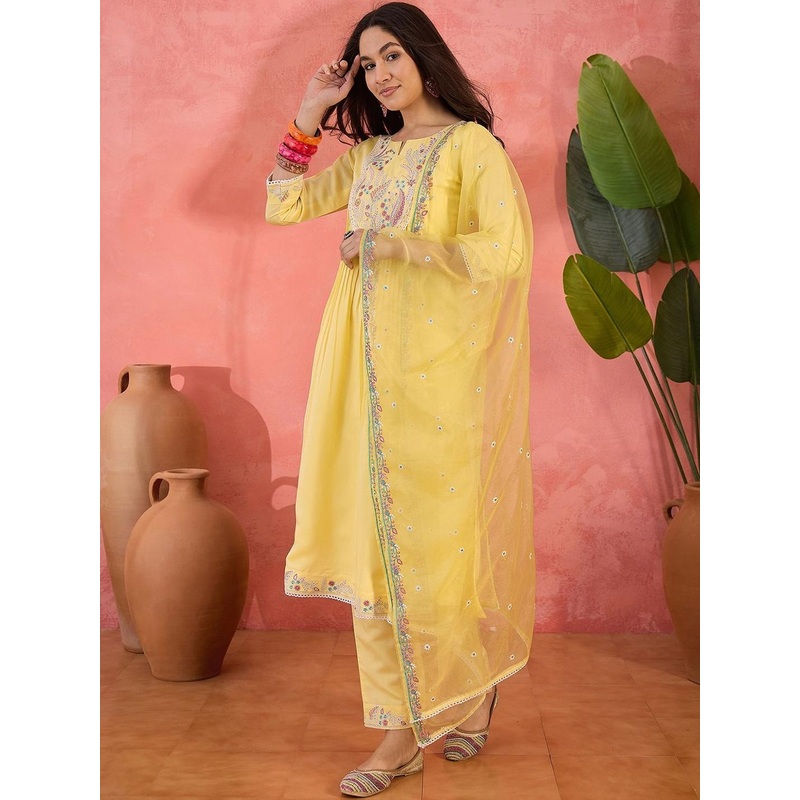 Sangria Women Ethnic Motifs Embroidered Regular Sequinned Kurta with Trousers & Dupatta