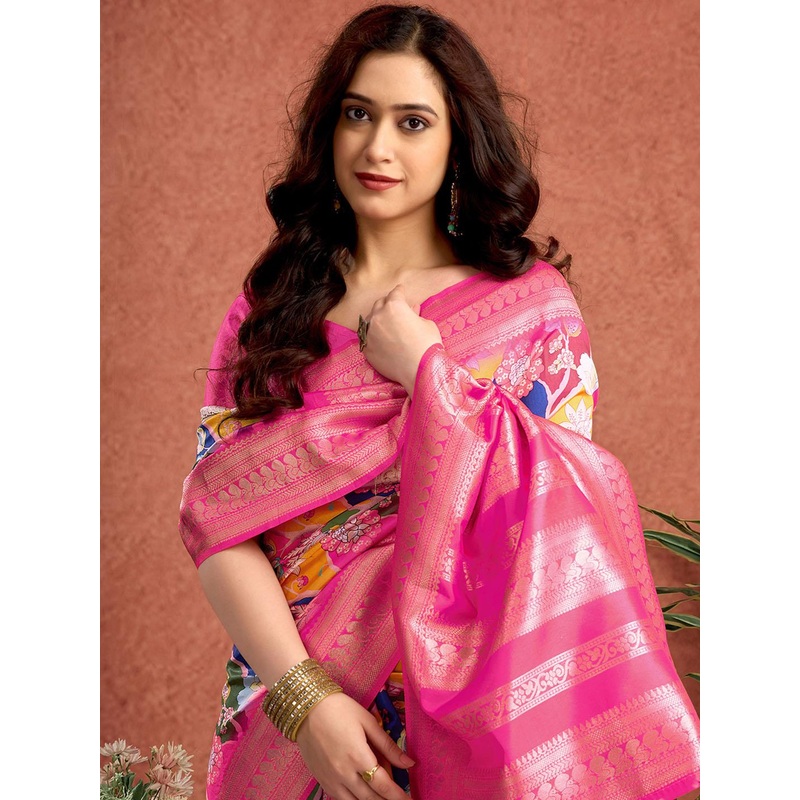 Sangria Woven Design Silk Floral Printed Saree With Unstitched Blouse Piece