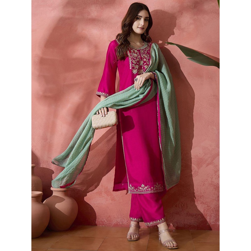 Sangria Zari Sequence Embroidered Straight Kurta Trousers With Dupatta