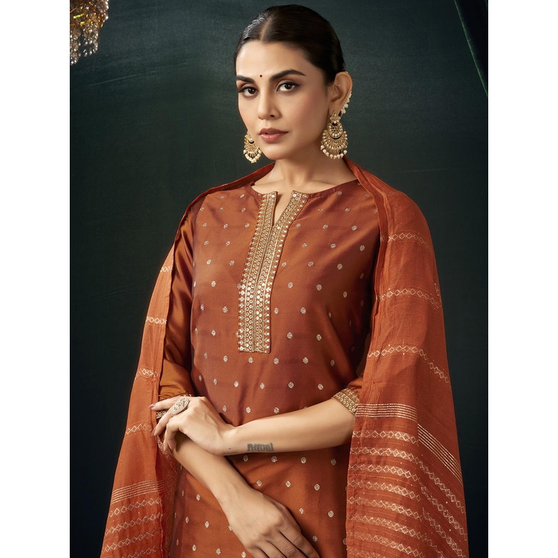 SANISA Floral Woven Design Notch Neck Sequinned Straight Kurta With Trousers & Dupatta