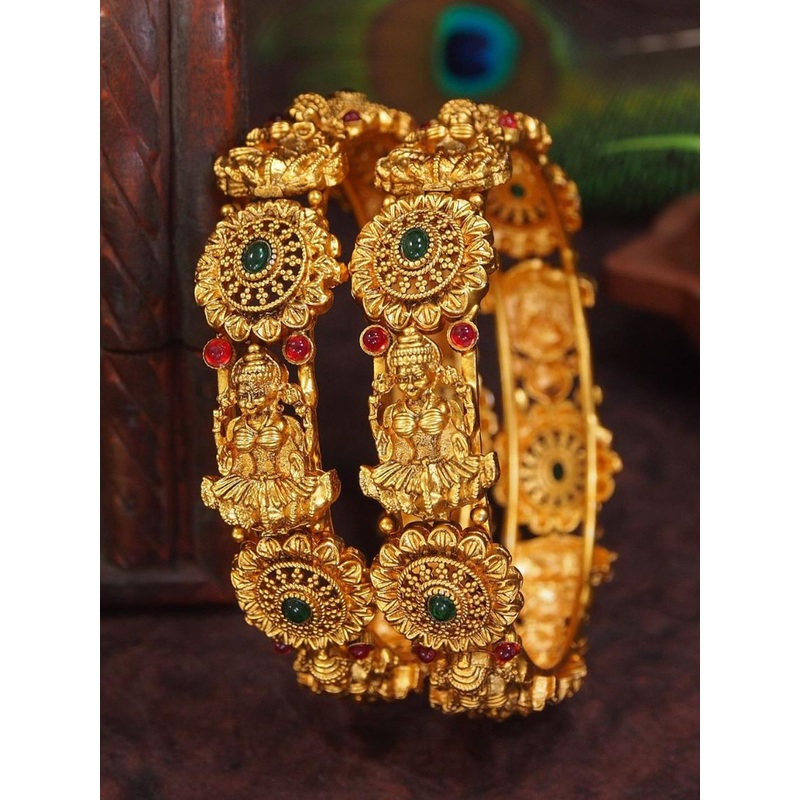 SGA FASHION Set Of 2 Gold-Plated American Diamond Studded Temple Bangles