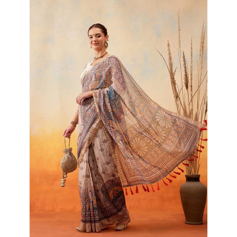 Silk Land Abstract Printed Ready to Wear Chanderi Saree