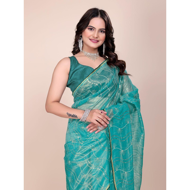 SILKWEAR Ethnic Motifs Sequinned Supernet Saree