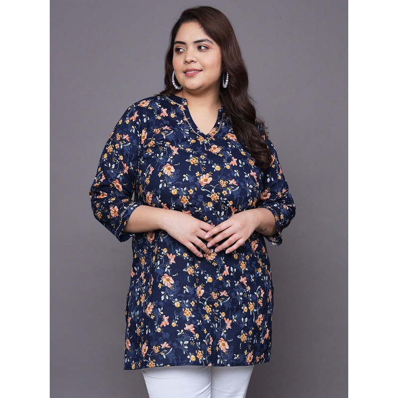Tissu Plus Size Floral Printed V-Neck Gotta Patti Pure Cotton Kurti