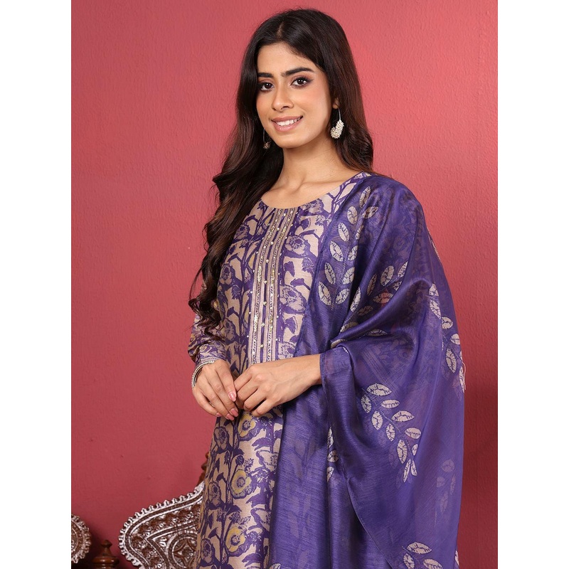 Varanga Purple Floral Printed Beads and Stones Chanderi Silk Kurta with Trousers & Dupatta
