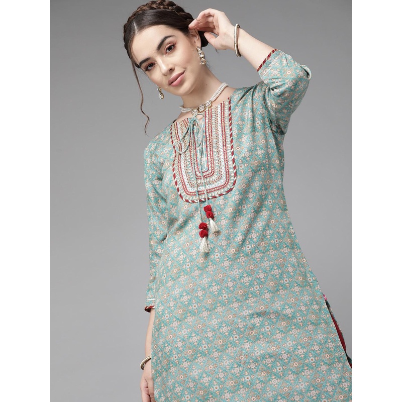 Varanga Teal Blue Ethnic Motif Yoke Embroidered Print Kurta