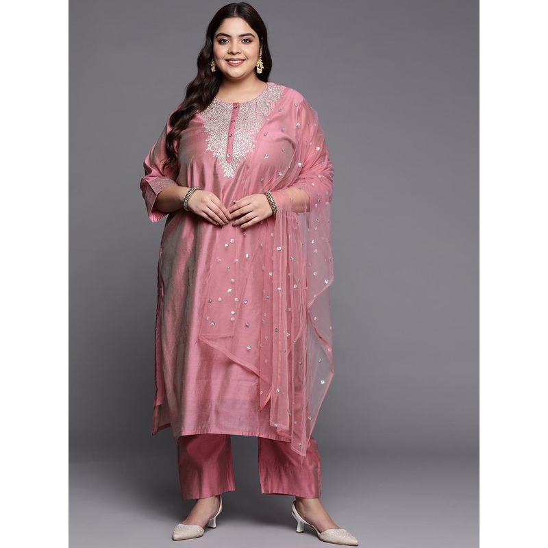 Varanga Women Floral Yoke Design Chanderi Silk Kurta with Trousers & With Dupatta