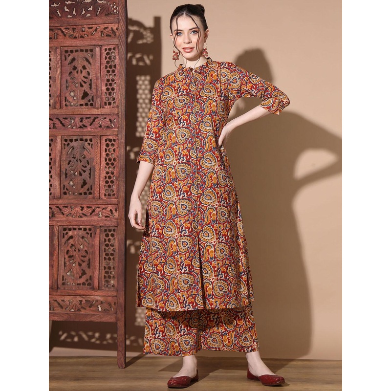 Vbuyz Floral Printed Mandarin Collar Kalamkari Straight Top With Palazzos