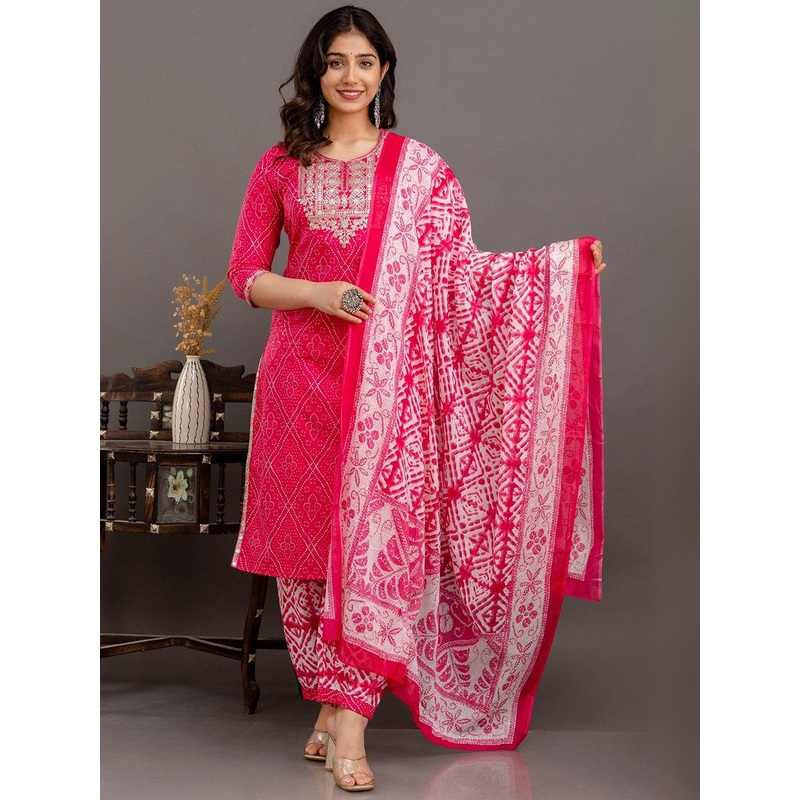 Vnyashri Women Bandhani Printed Cotton Kurta with Salwar & Dupatta