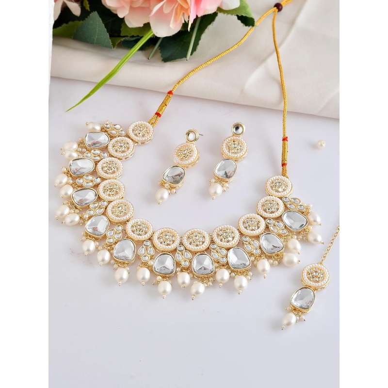 VOJ Gold-Plated Stone Studded & Beaded Jewellery Set