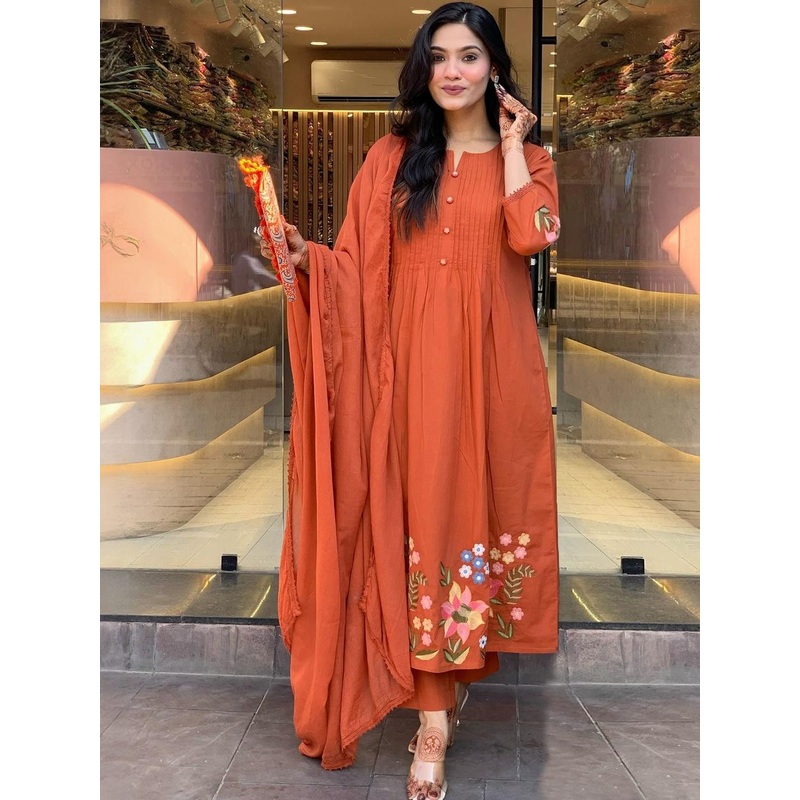 Aaghnya Floral Printed Notch Neck A-Line Kurta With Trousers And Dupatta