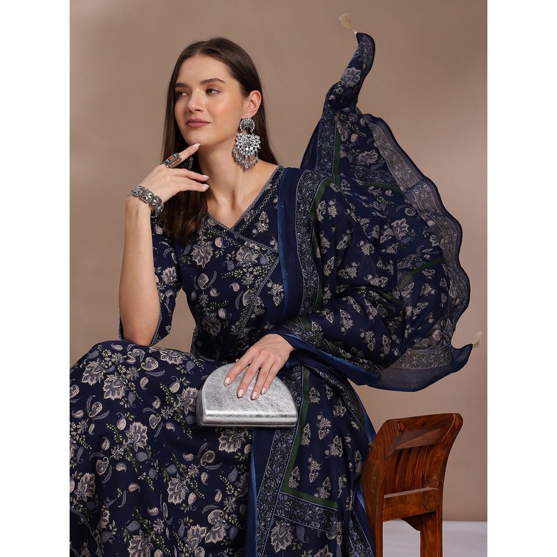 Anouk Navy Blue Ethnic Motifs Printed Pure Cotton Anarkali Kurta & Trouser With Dupatta