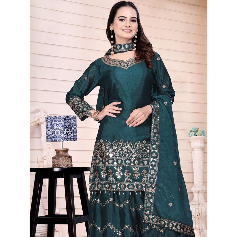ANVERI TEXTILES Women Ethnic Motifs Embroidered Silk Kurta with Sharara & Dupatta