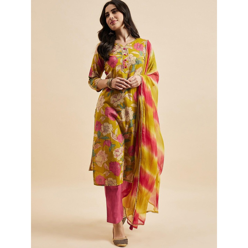 Azira Floral Printed Regular Pure Cotton Notched Neck Kurta with Palazzos & Dupatta