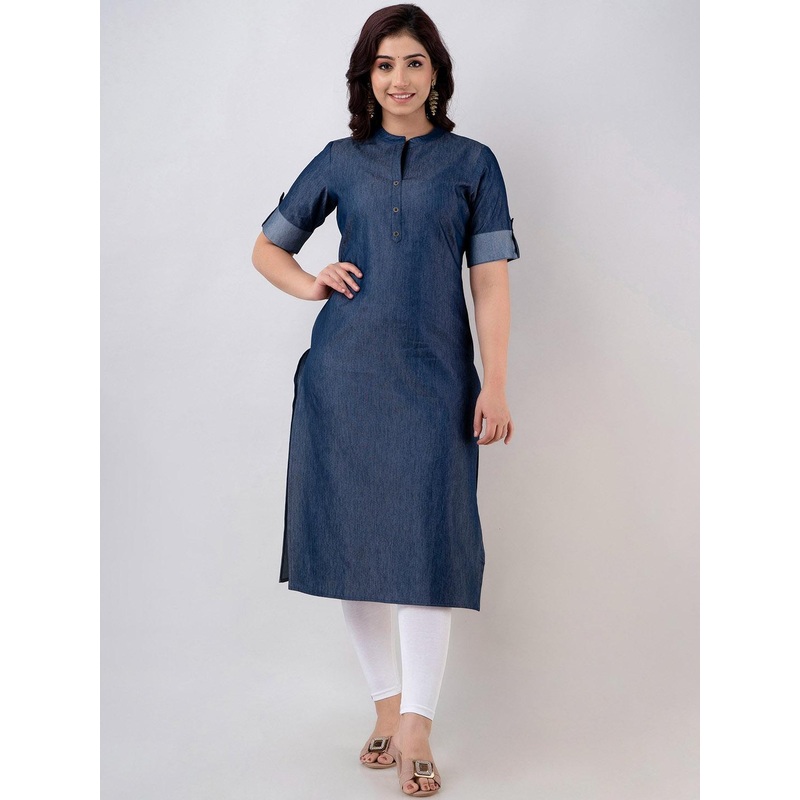 CELEBRAVO Mandarin Collar Roll-Up Sleeves Denim Straight Kurta