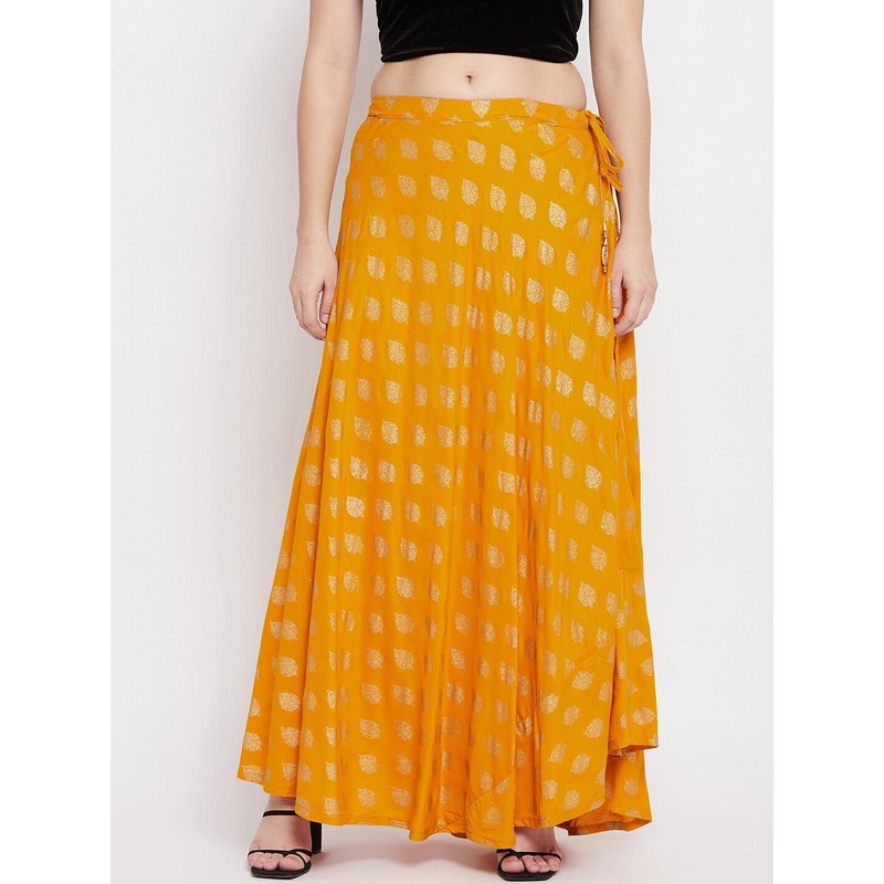 Clora Creation Women Mustard Yellow & Gold-Coloured Printed Flared Maxi Skirt