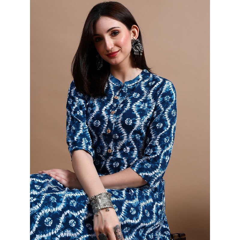 GLOWWORLD Tie & Dye Band Collar Straight Kurta