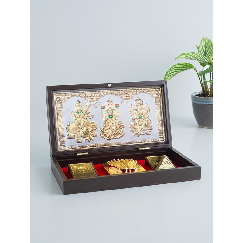 Golden Peacock 24 KT Gold Plated Laxmi, Ganesha, Saraswati Pooja Box