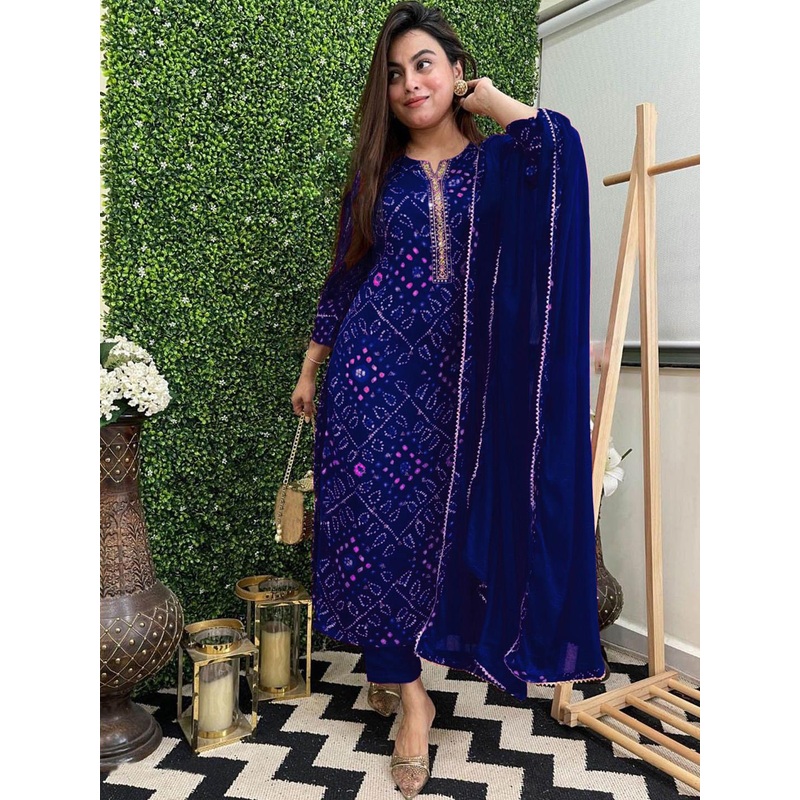 GoSriKi Bandhani Printed Mirror Work Straight Kurta With Trouser & Dupatta