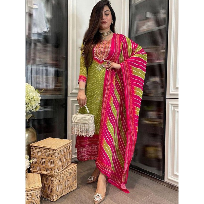 GoSriKi Bandhani Printed Round Neck Zari Straight Kurta With Trousers & Dupatta