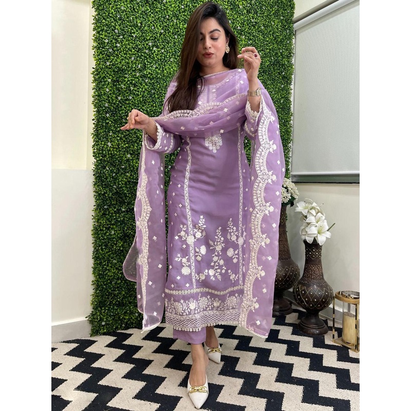 GoSriKi Floral Embroidered Thread Work Straight Kurta With Trousers & Dupatta