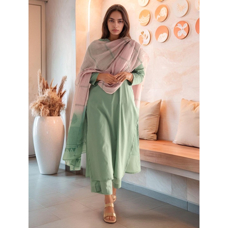 GoSriKi Notch Neck Straight Kurta & Palazzos With Dupatta