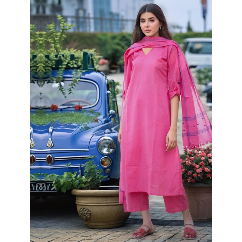 GoSriKi V Neck Straight Kurta with Trousers & Dupatta