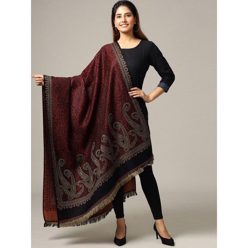 HANDICRAFT PALACE Women Black & Maroon Hand Woven Design Wool Shawl