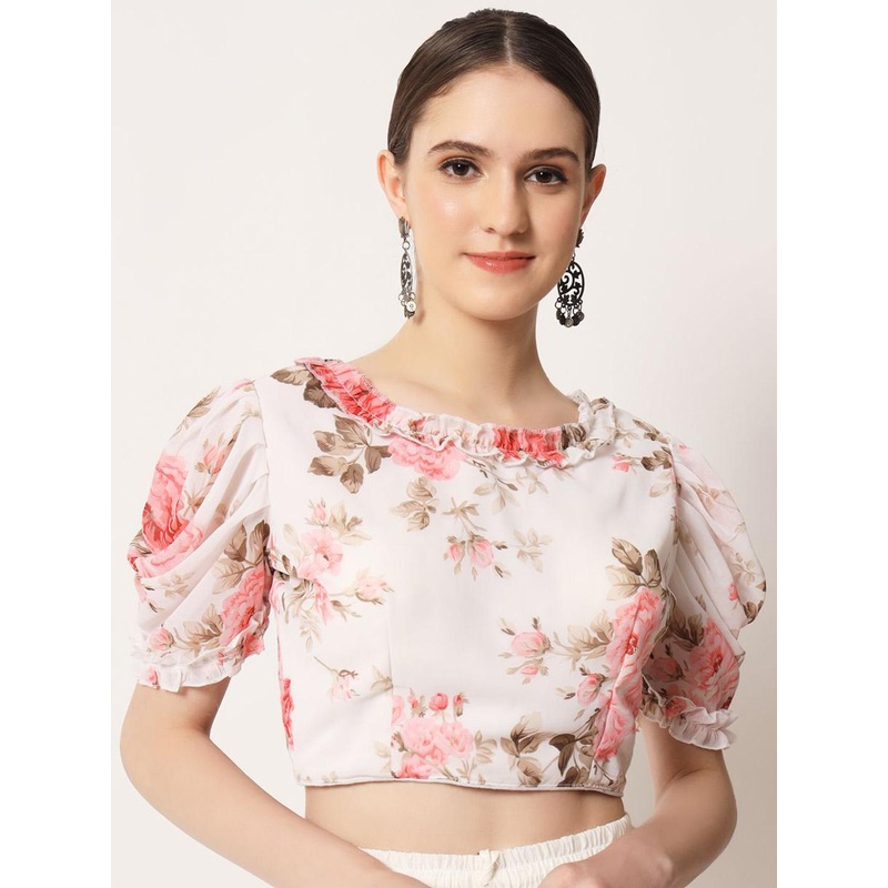 HERE&NOW Floral Printed Puffy Sleeves Boat Neck Saree Blouse