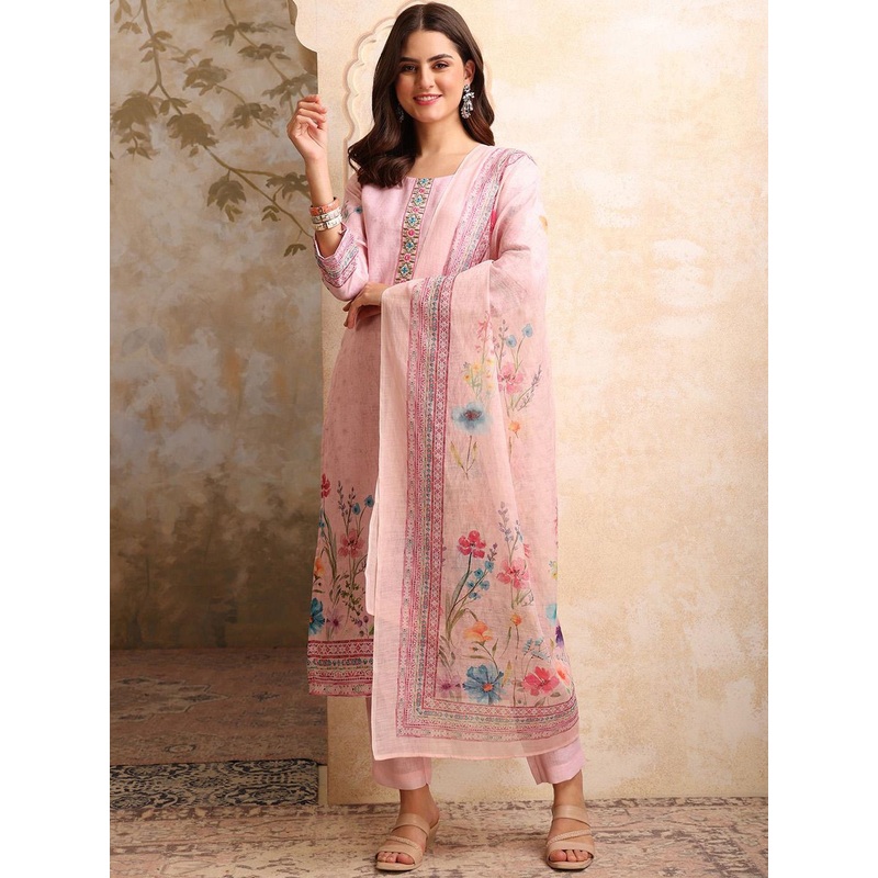 Inddus Women Floral Printed Regular Thread Work Linen Kurta with Trousers & With Dupatta