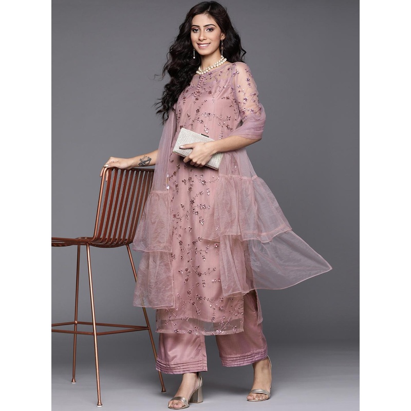 Inddus Women Mauve Net Floral Embroidered Sequinned Kurta with Palazzos & Dupatta