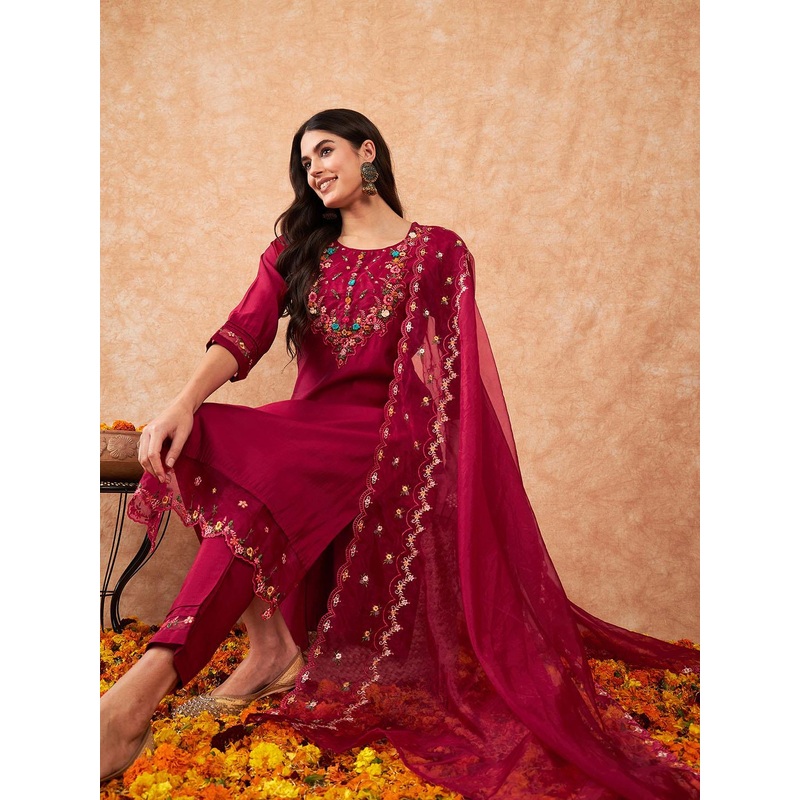 Indo Era Embroidered A-Line Kurta With Trousers & Dupatta