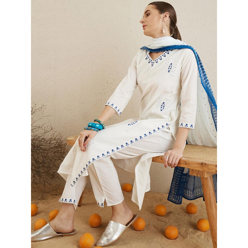 Indo Era Ethnic Motifs Embroidered Thread Work Pure Cotton Kurta with Trousers & Dupatta